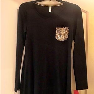 Long Sleeve Black Dress Gold Sequin Pocket